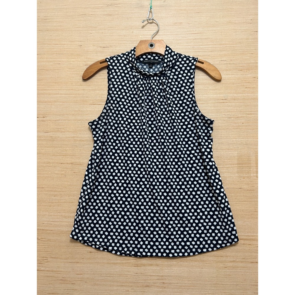 Banana Republic Womens XS Navy Blue White Abstract Dot Mock Neck Blouse